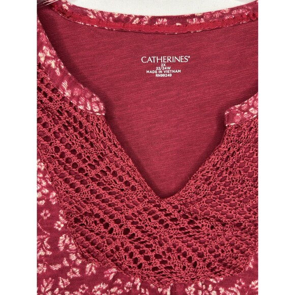 Catherines Women's Tunic Top Blouse Plus 2X Red Floral V-Neck Crochet - Picture 7 of 8